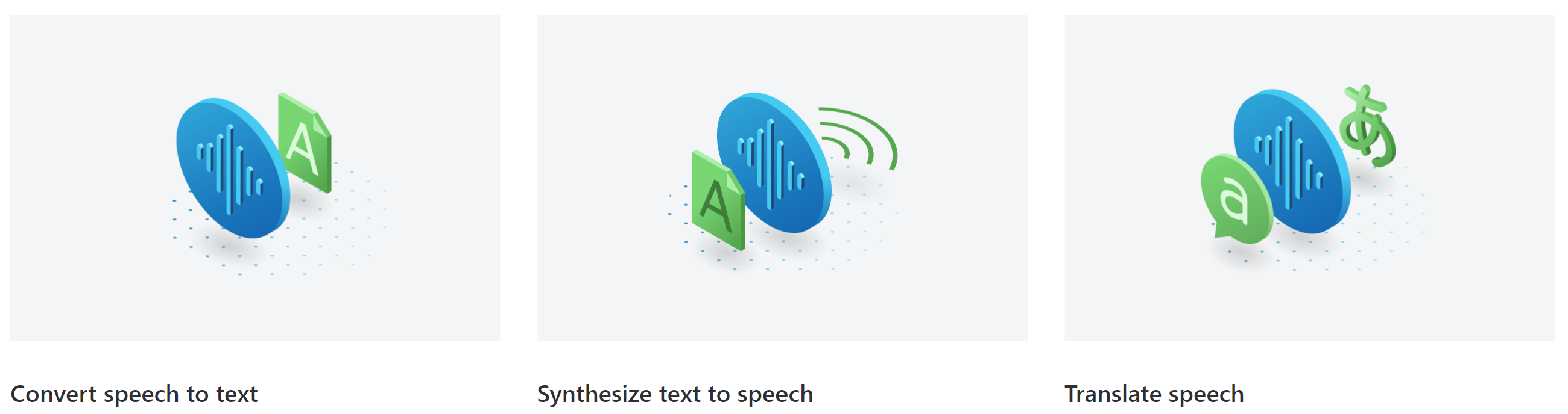 Screenshot of tiles that highlight some Azure Speech features.