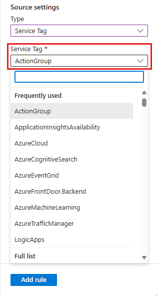 Screenshot of the Add Restriction pane with the Service Tag type selected.