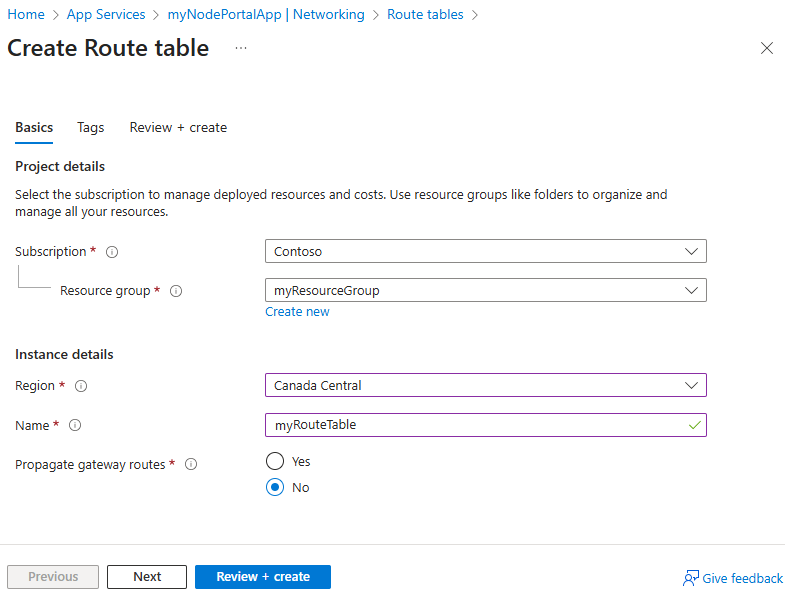 Screenshot of creating a routing route table in Azure portal.