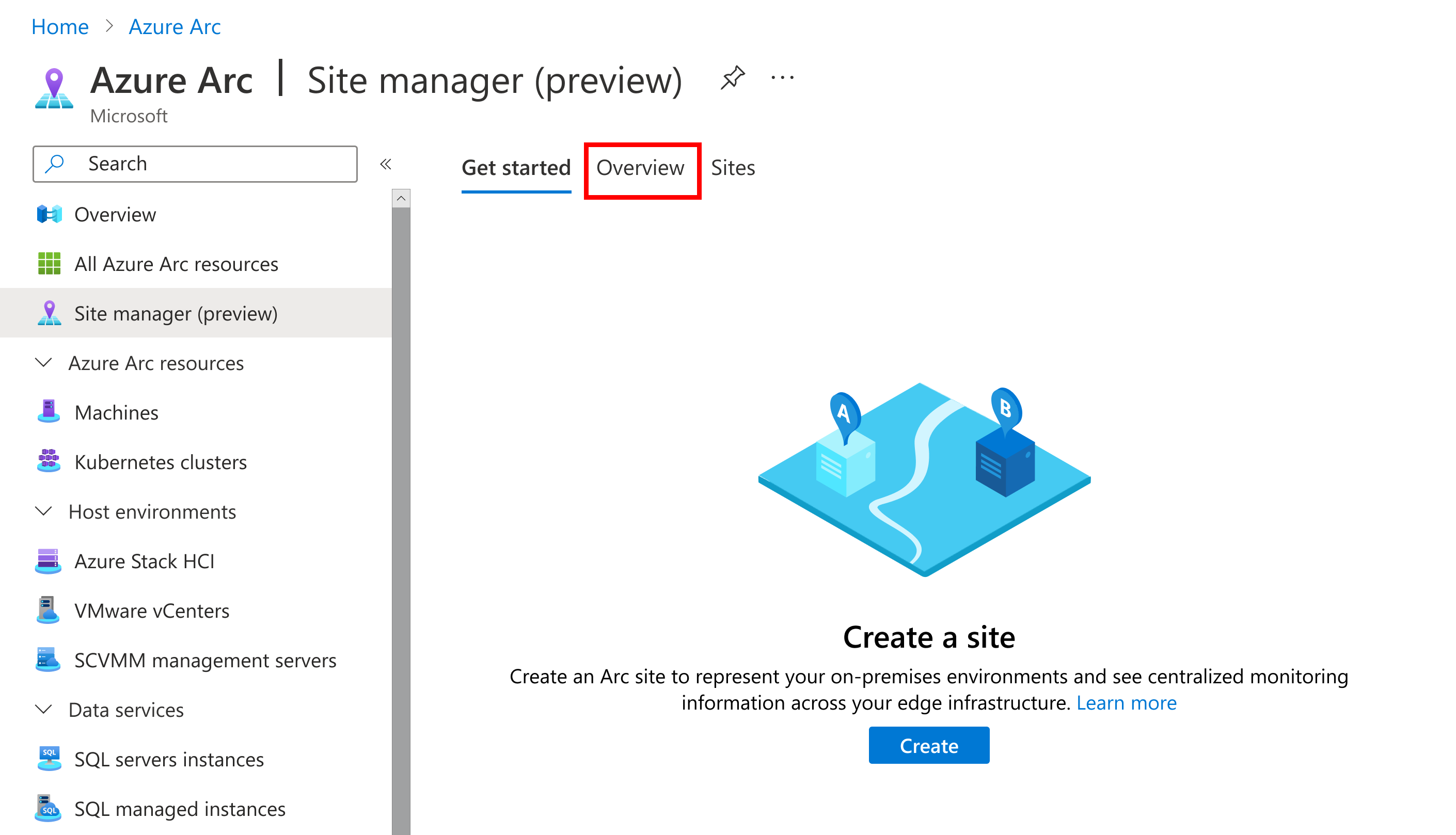 Screenshot that shows selecting the Overview page from the site manager.