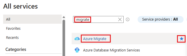 Screenshot showing the star icon to add a service to Favorites in the Azure portal.