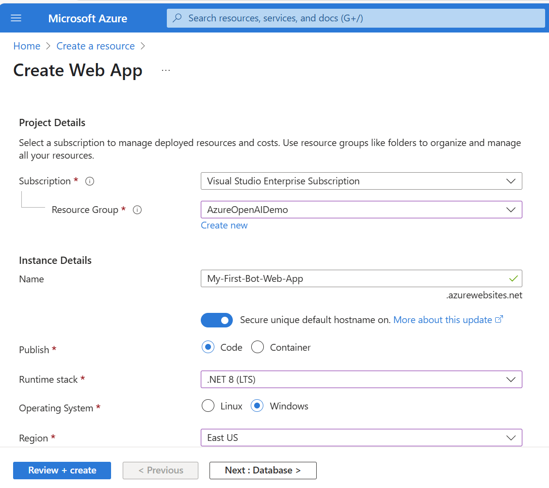 Screenshot that shows details to set to create a web app deployment.