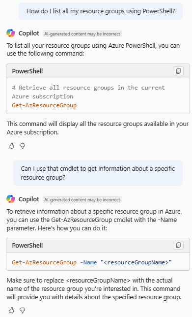 Screenshot of Azure Copilot providing the PowerShell cmdlet to list resource groups.