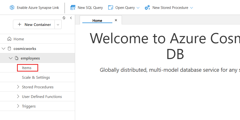 Screenshot of the 'Items' option within a container in the Data Explorer hierarchy.