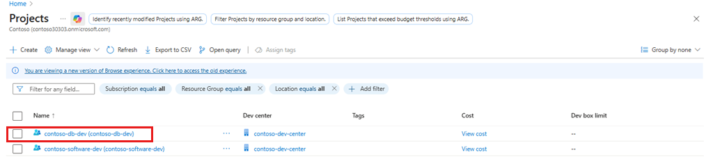 Screenshot of the list of existing projects.
