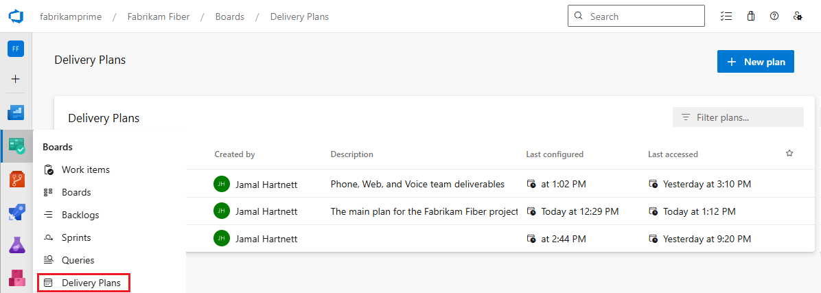 Screenshot of the Delivery Plans area in Azure Boards.
