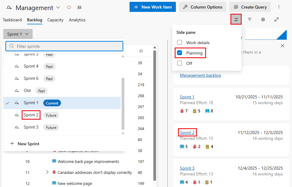 Screenshot showing how to select a sprint.