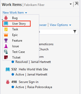 Screenshot of Visual Studio, Work Items hub, New Work Item, choose User Story.