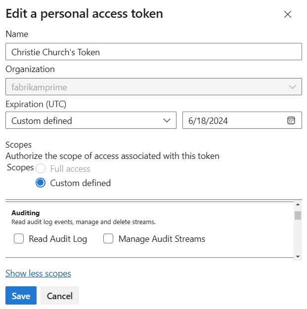 Screenshot shows Edit dialog for a PAT with name, expiration, and scope fields.