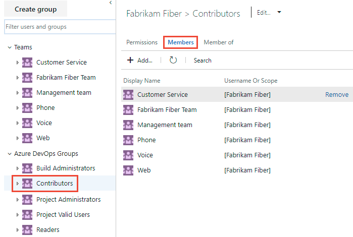 Screenshot showing the security page, Contributors group, Membership page.