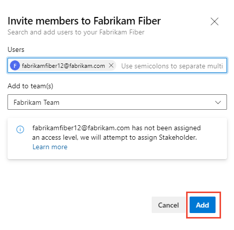 Screenshot of the Invite members to a project dialog, unknown user, selecting teams to add.