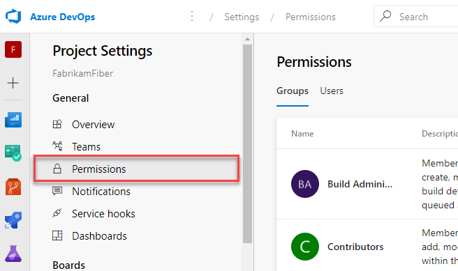 Screenshot of the Permissions section under Project settings.