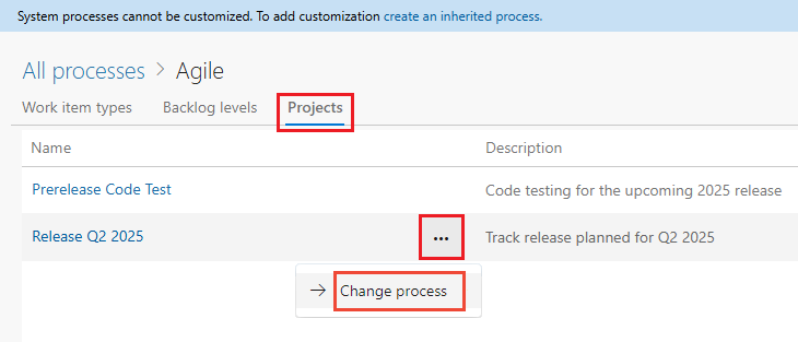 Screenshot that shows how to select the change process action for a project.