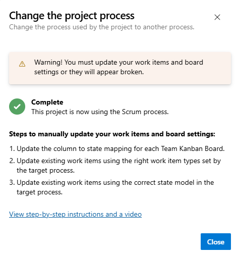 Screenshot of the wizard dialog that lists other tasks to complete after migrating the project from the Agile to Scrum process.