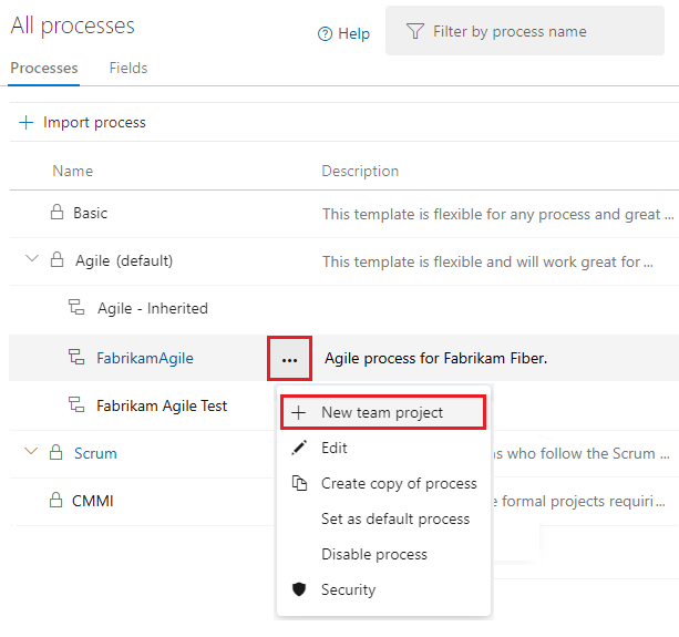 Screenshot that shows how to select the new team project option for a selected process.