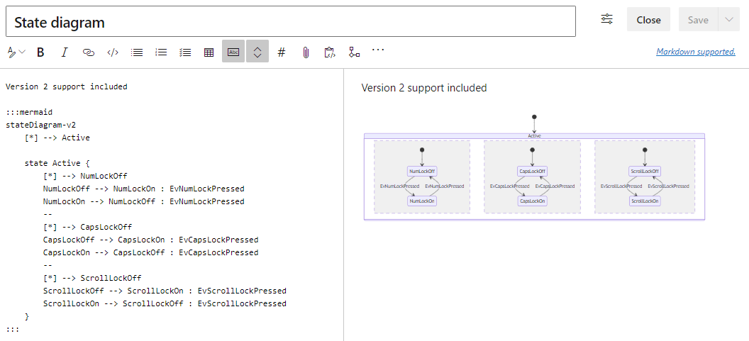 Screenshot of the Mermaid Live Editor with the code for a state diagram and a preview of the published view.