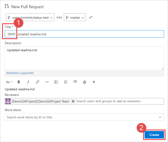 Screenshot showing WIP added to the default PR title.