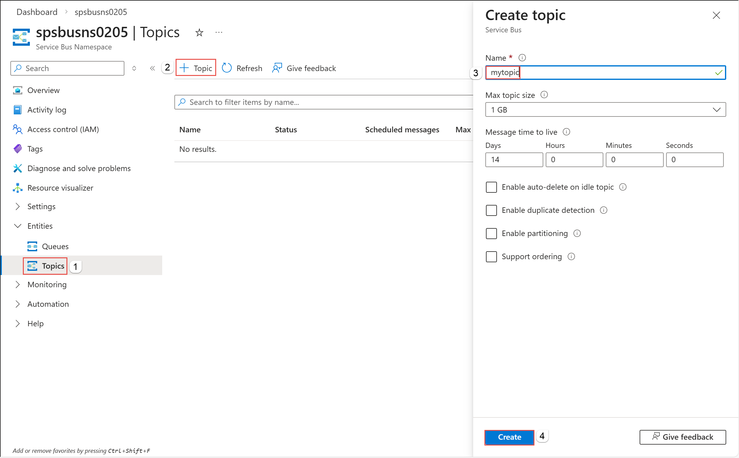 Screenshot that shows the Create topic page in the Azure portal.