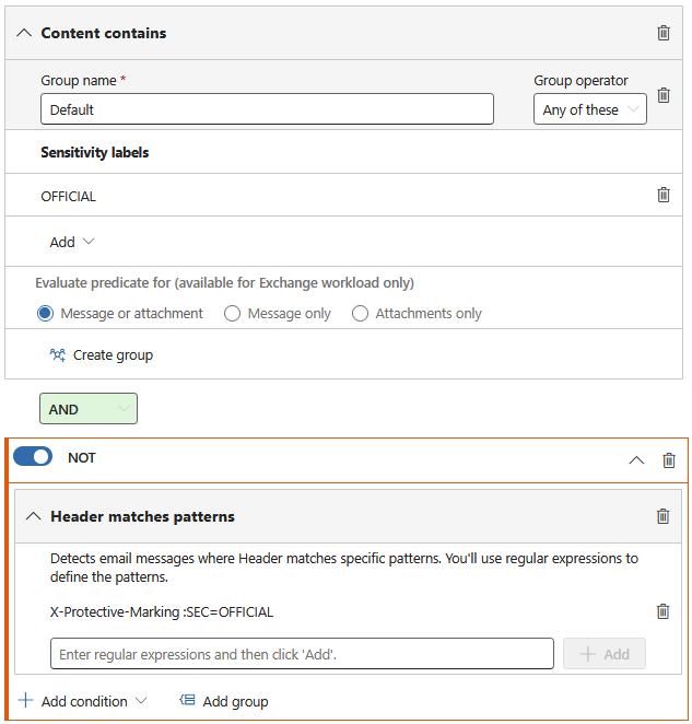 Screenshot showing DLP rule conditions.