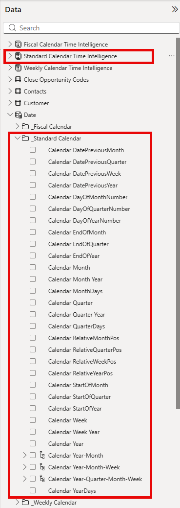 Screenshot of the Standard Calendar Time Intelligence options.