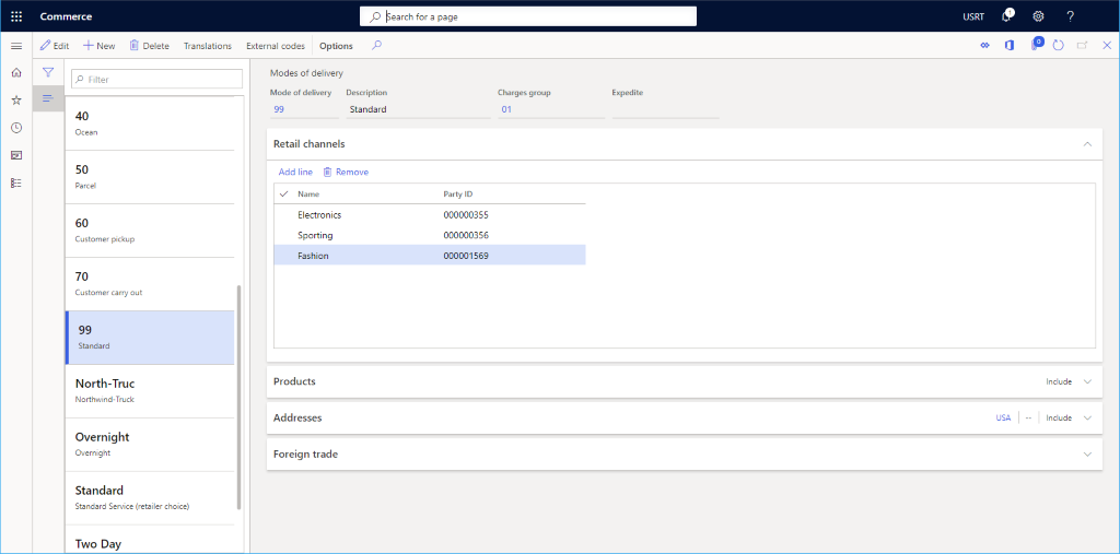 Screenshot of setting up modes of delivery.