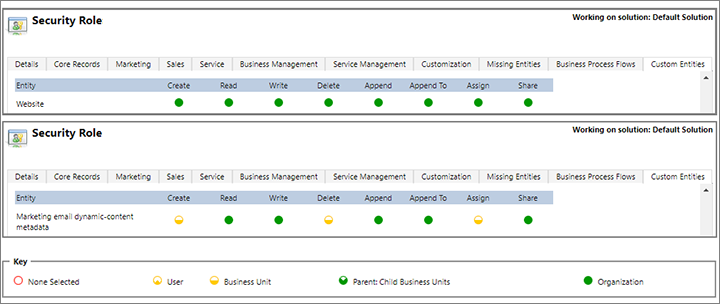 Diagram that shows the privileges required for the Website and Marketing email dynamic-content metadata entities.