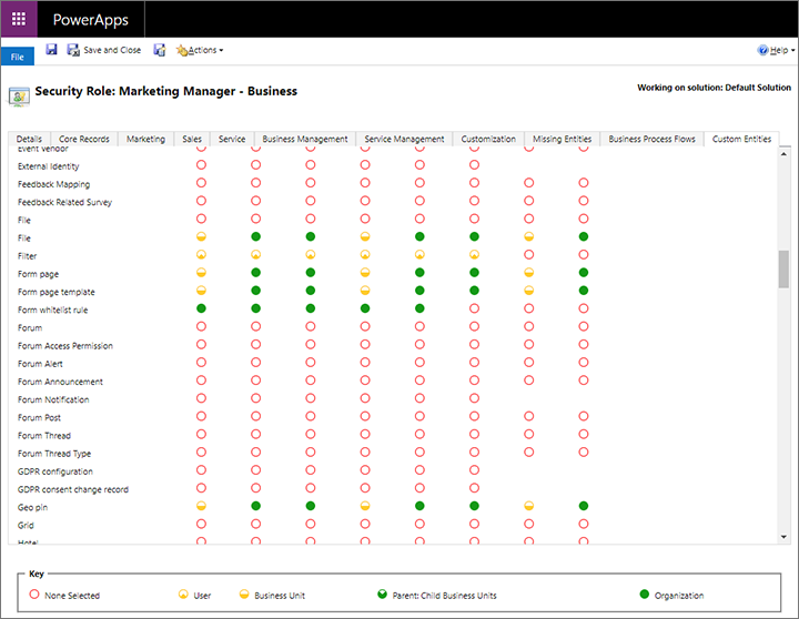 Screenshot of the Security role window.