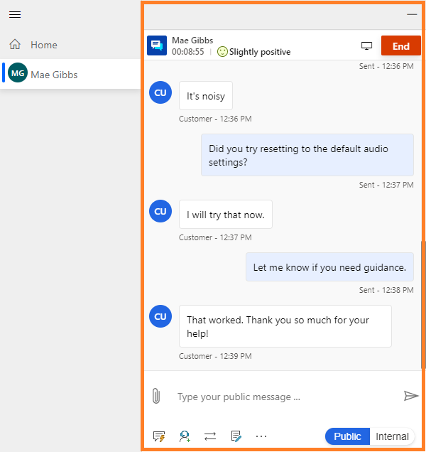 Communication panel in the representative interface of Omnichannel for Customer Service app.