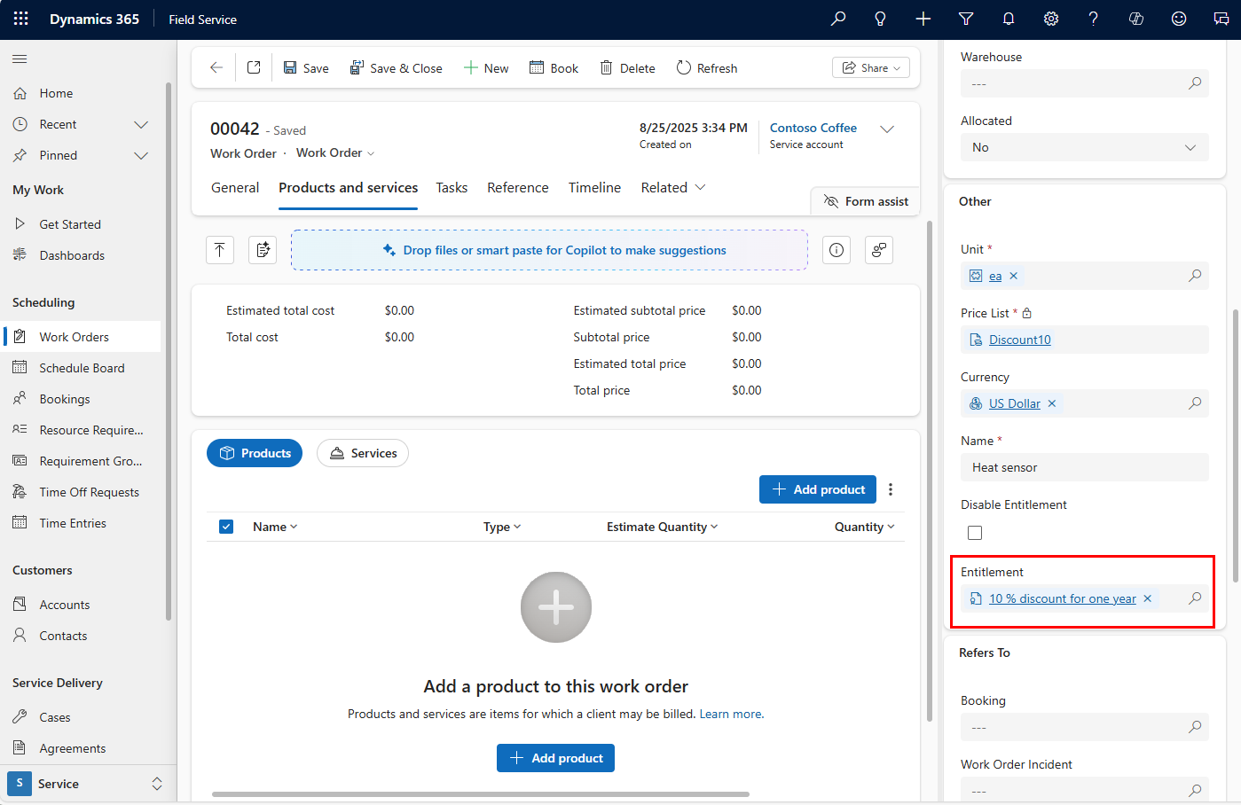 Screenshot of entitlement applied to work order product.