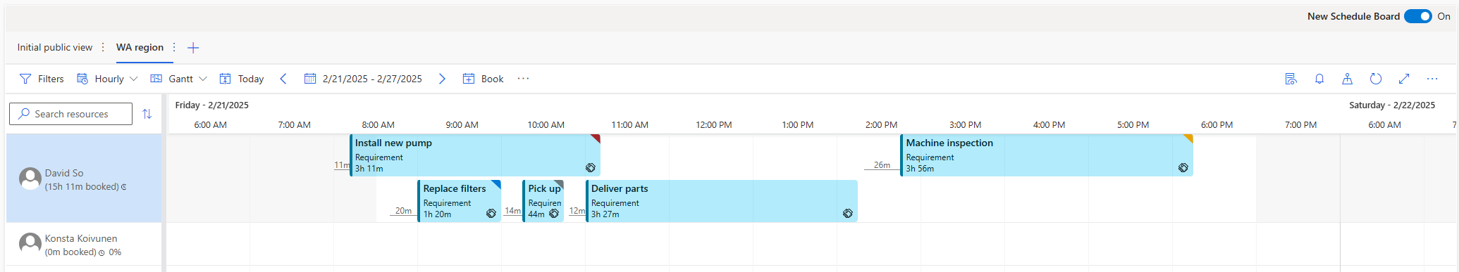 Screenshot of a technician's schedule with overlapping bookings and overtime.