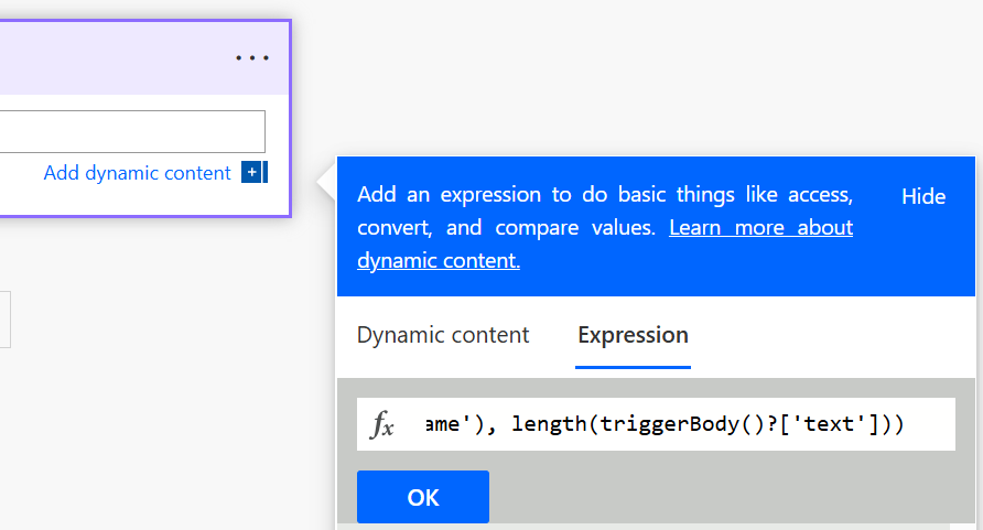 Screenshot of adding expression in Power Automate.