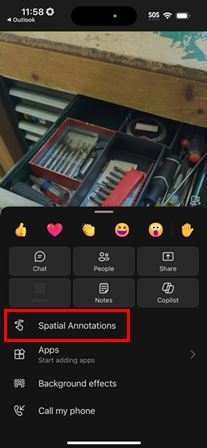 Screenshot of Teams on a mobile phone showing the Spatial Annotations selection.