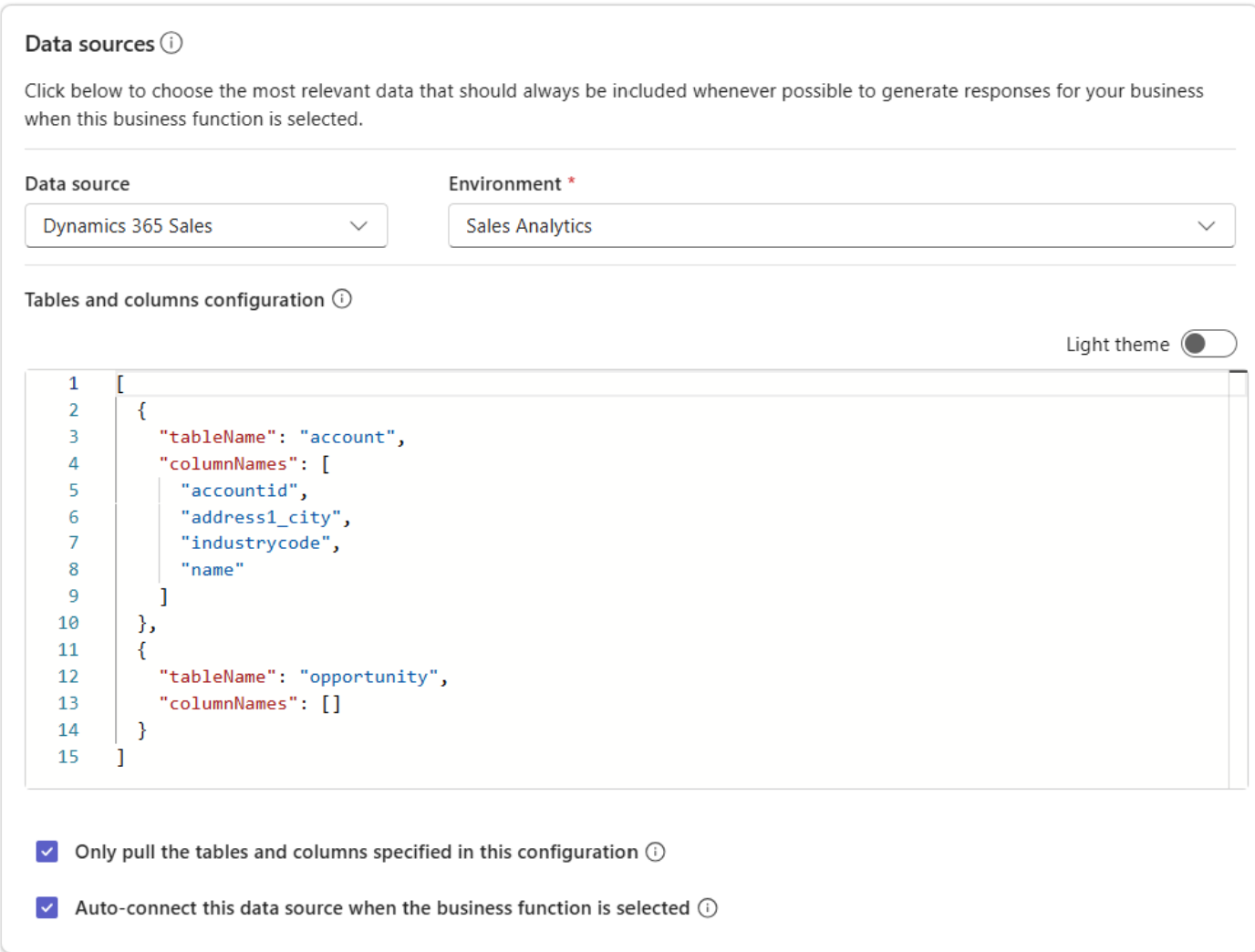 Screenshot of the data sources settings for tables and coluumns in business function.