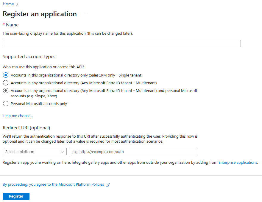 Screenshot of the new registration page in Azure.