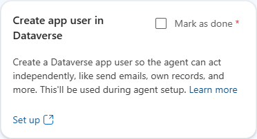 Screenshot of selecting set up in the create an app user in Dataverse section.