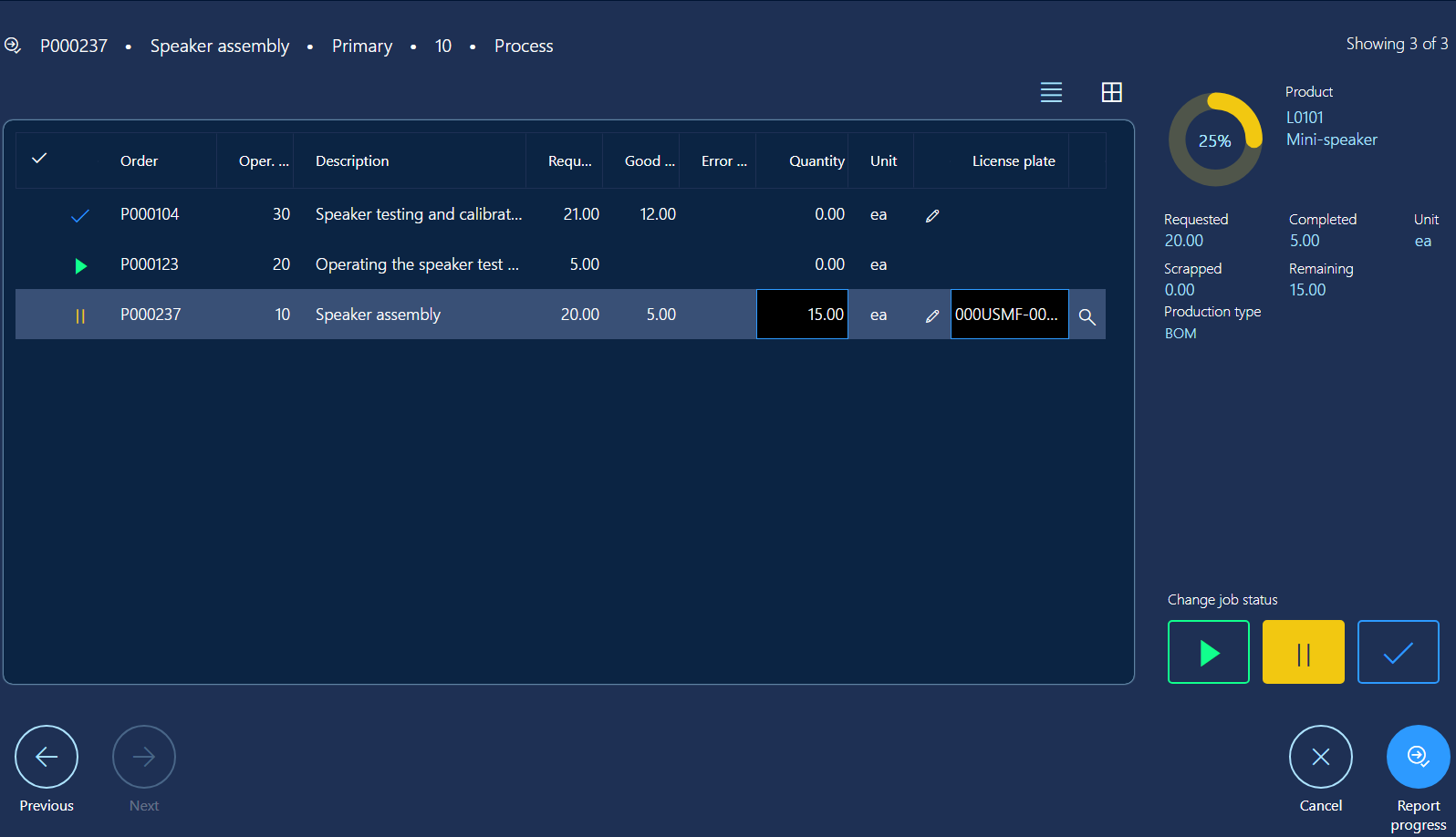 Report progress dialog box list view.