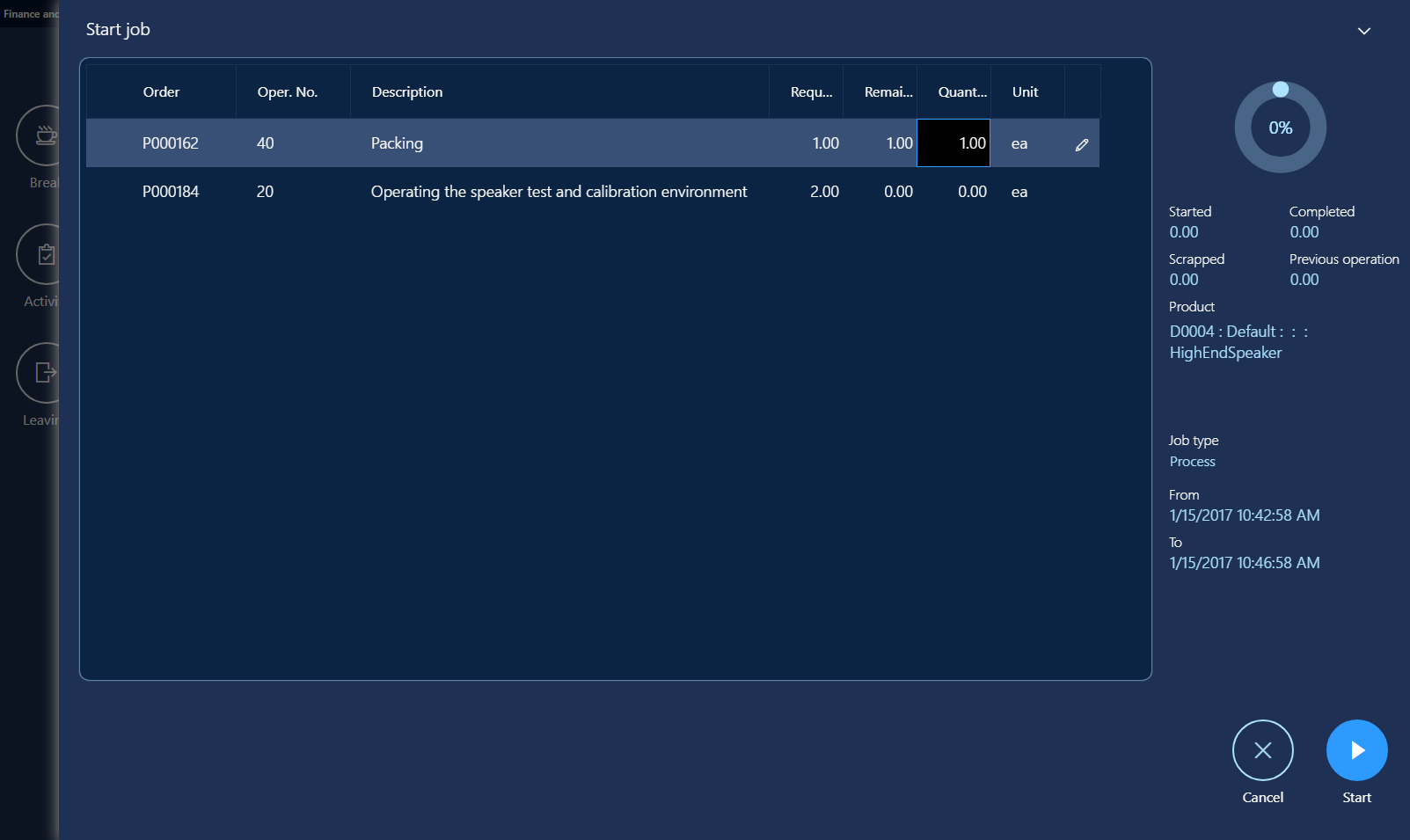 Start job dialog box.