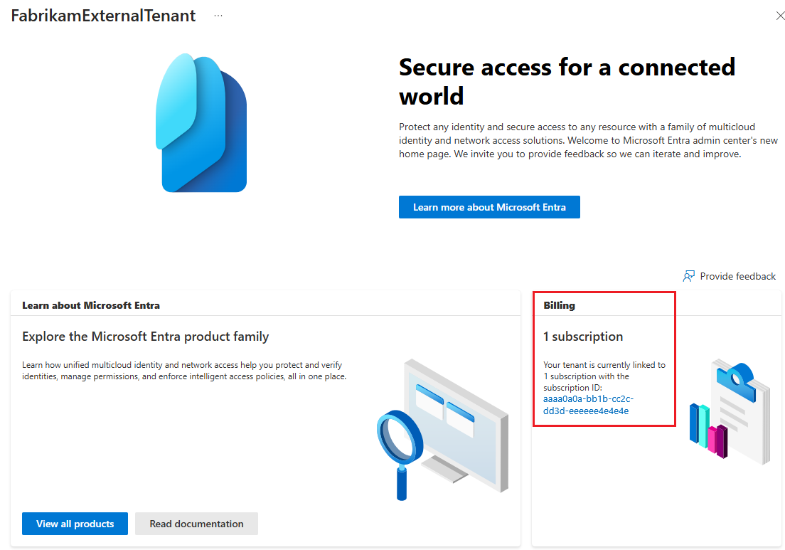 Screenshot of how to link an external tenant to a subscription.