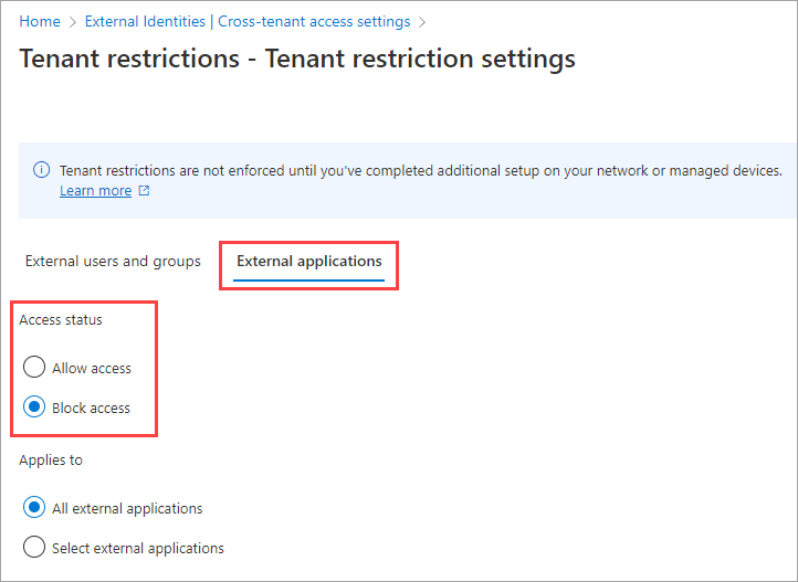 Screenshot that shows options for access status on the tab for external applications.