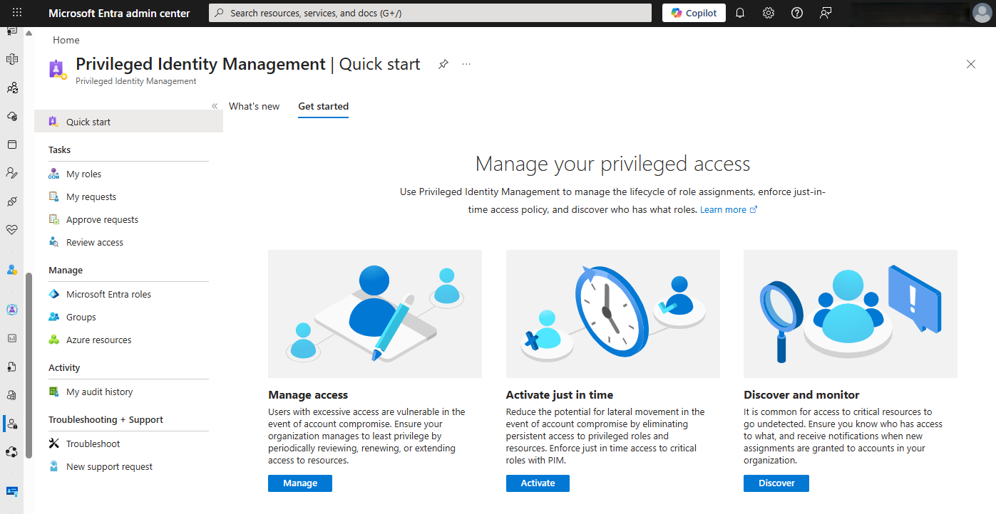 Screenshot of Privileged Identity Management in the Azure portal.