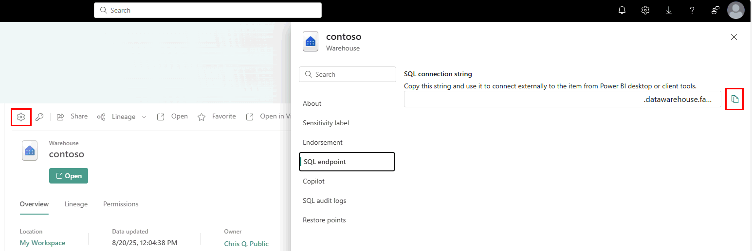 Screenshot from the Fabric portal of the Settings window, SQL endpoint page.