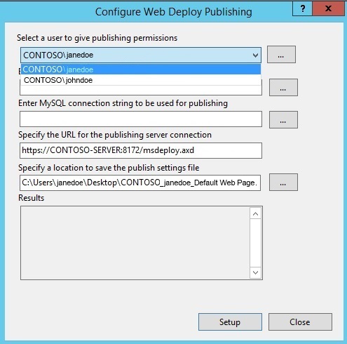 Screenshot of the Configure Web Deploy Publishing pane. Under Select a user to give publishing permissions, the text C O N T O S O backslash john doe is highlighted.