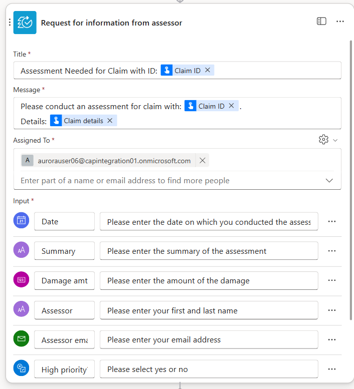 Screenshot of a fully configured Request for information action in Copilot Studio.