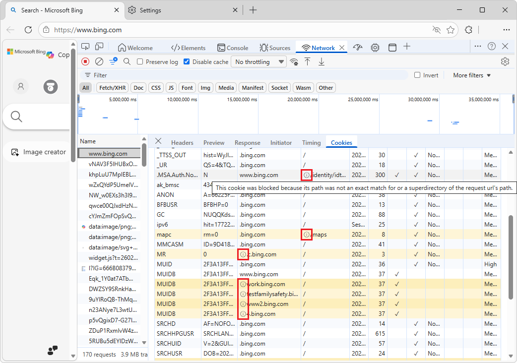 Information icon tooltip on blocked cookie rows
