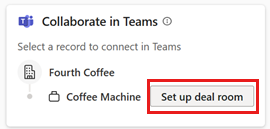 Screenshot of the Collaborate in Teams card in the Sales agent in Outlook, with the Set up deal room button highlighted.