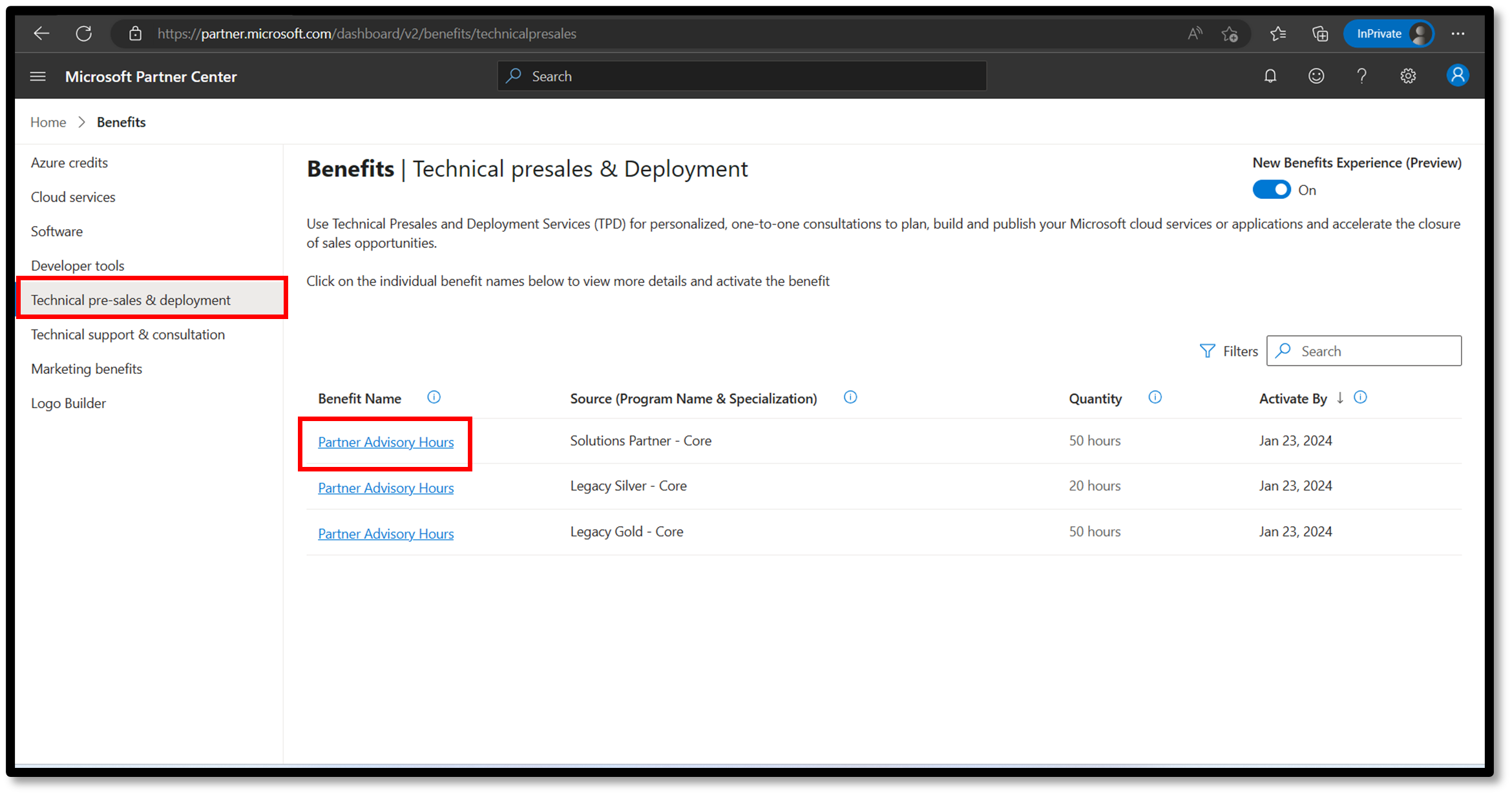 Screenshot that shows the Technical Presales and Deployment benefits partner advisory hours option.