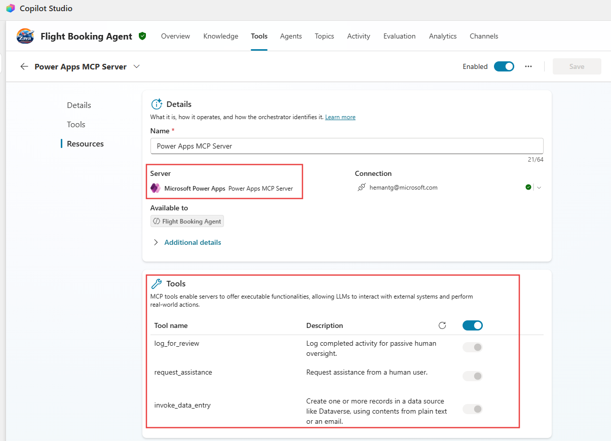 Power apps MCP server tools available.