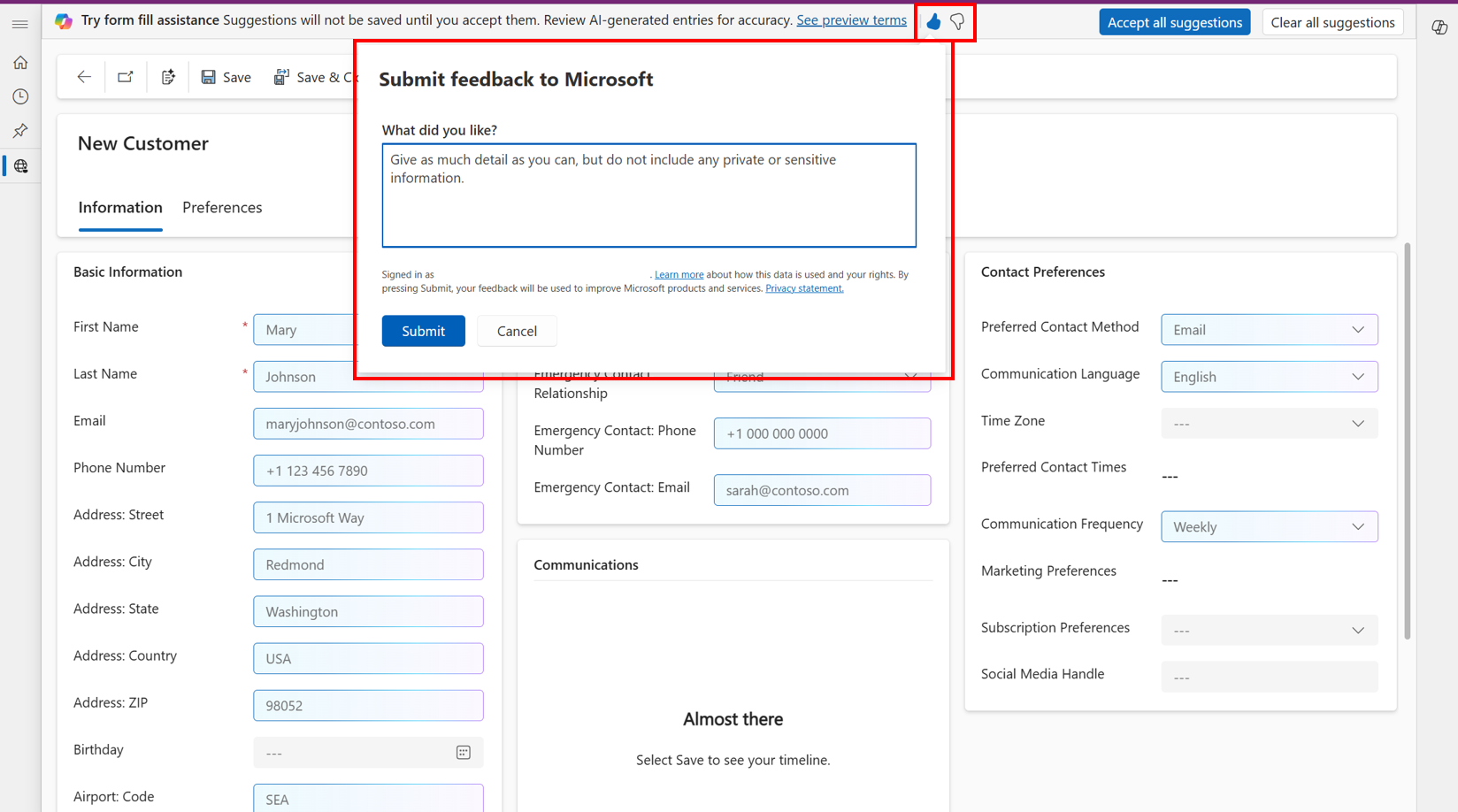 Screenshot that shows the feedback survey for the form fill feature.