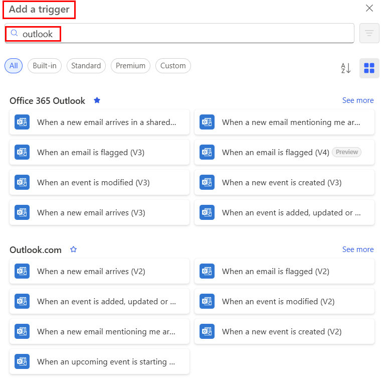 Screenshot of a list of Office 365 Outlook triggers.