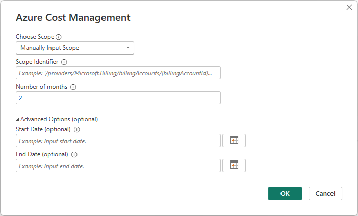 Screenshot of Azure Cost Management dialog with number of months input.